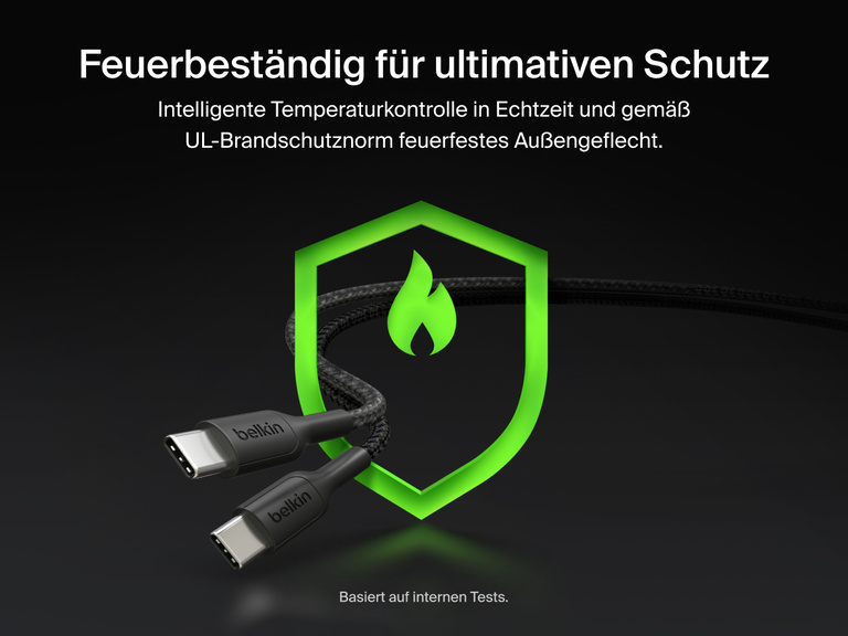 Das geflochtene Belkin BoostCharge Pro USB-C-Doppelkabel hat eine feuerfeste Konstruktion mit &Uuml;bertemperaturschutz in Echtzeit, sodass eine sichere, zuverl&auml;ssige Stromversorgung mit 140&nbsp;W gew&auml;hrleistet wird.